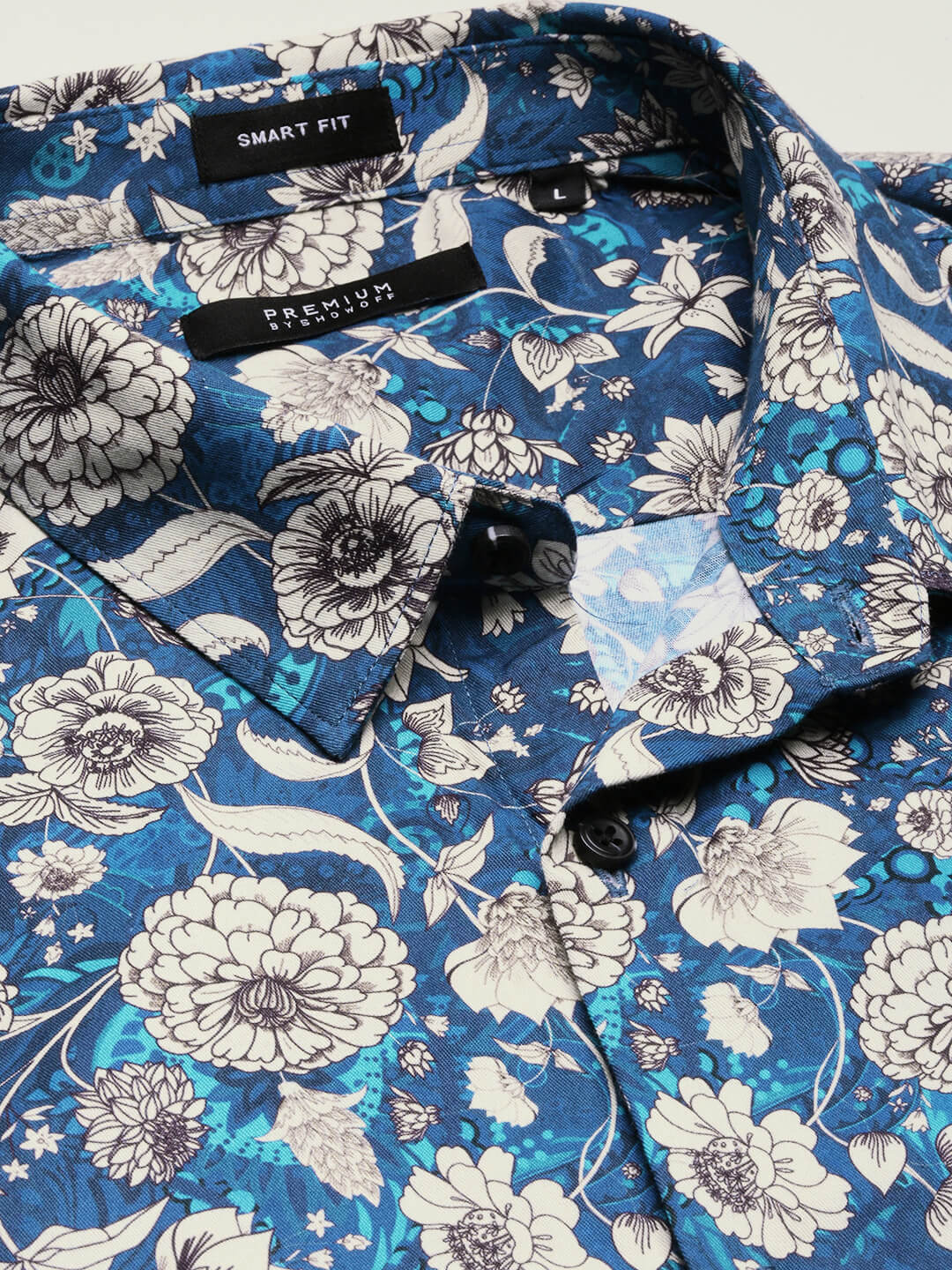 Men Blue Spread Collar Floral Shirt