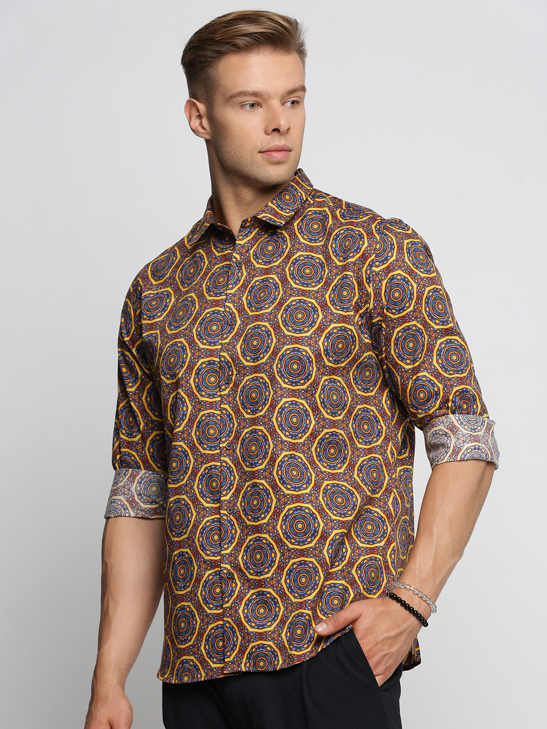 Men Brown Spread Collar Geometric Shirt