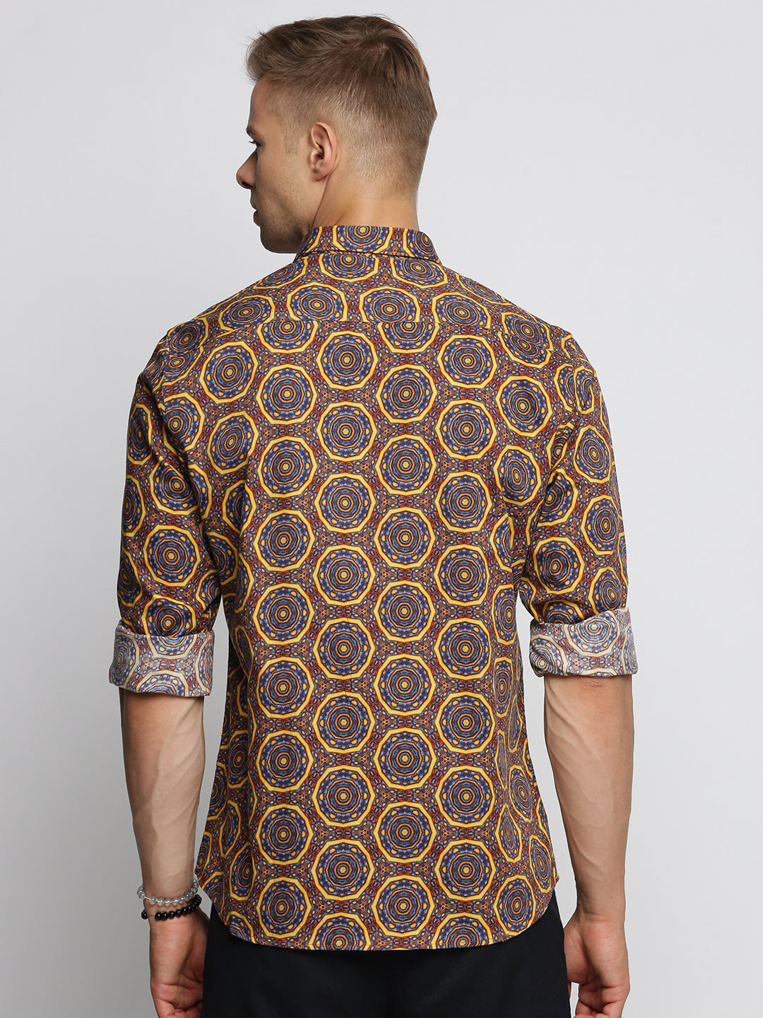 Men Brown Spread Collar Geometric Shirt