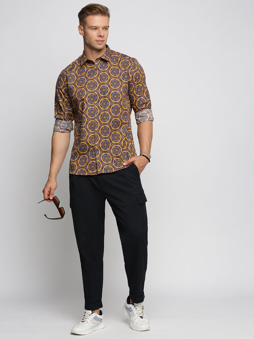 Men Brown Spread Collar Geometric Shirt