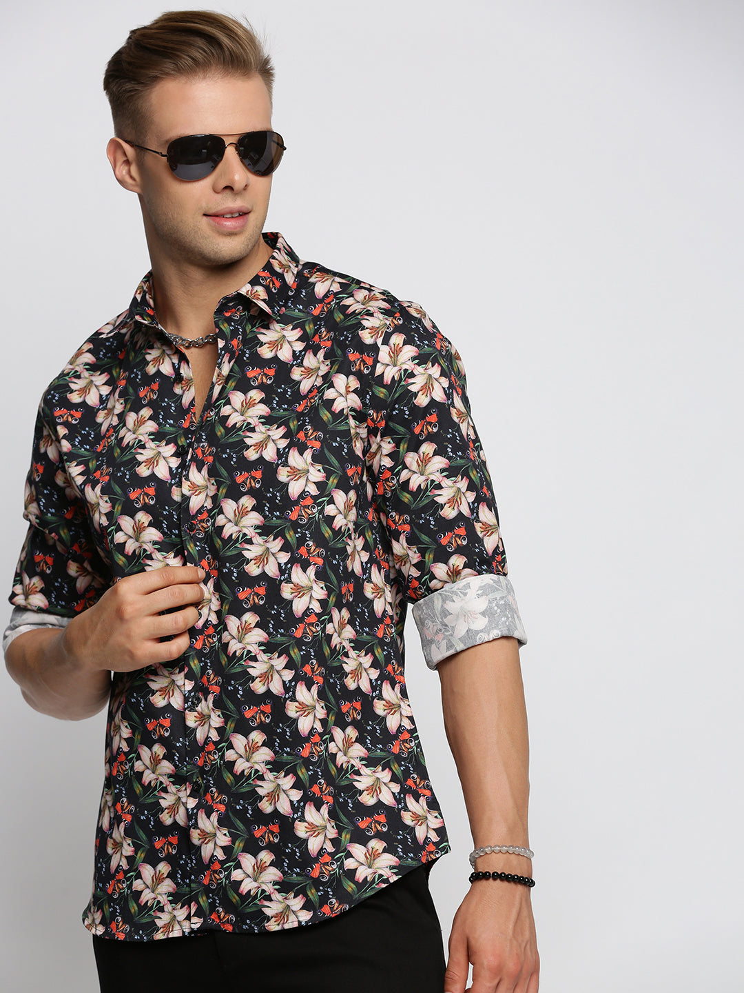 Men Black Spread Collar Floral Shirt