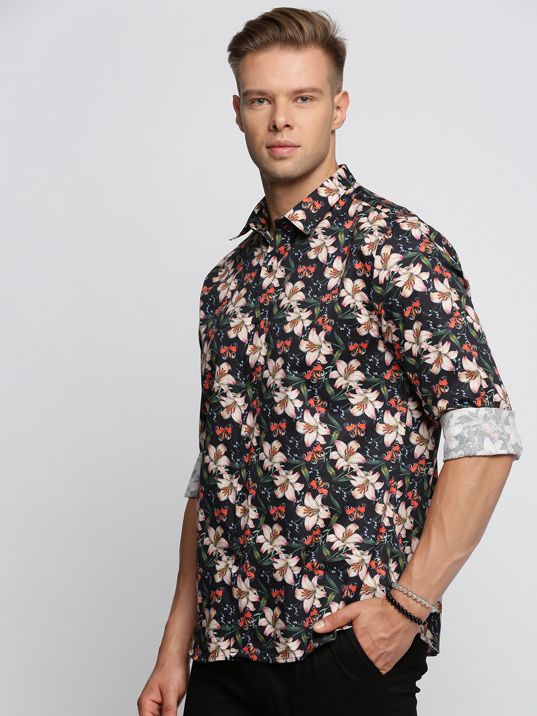 Men Black Spread Collar Floral Shirt