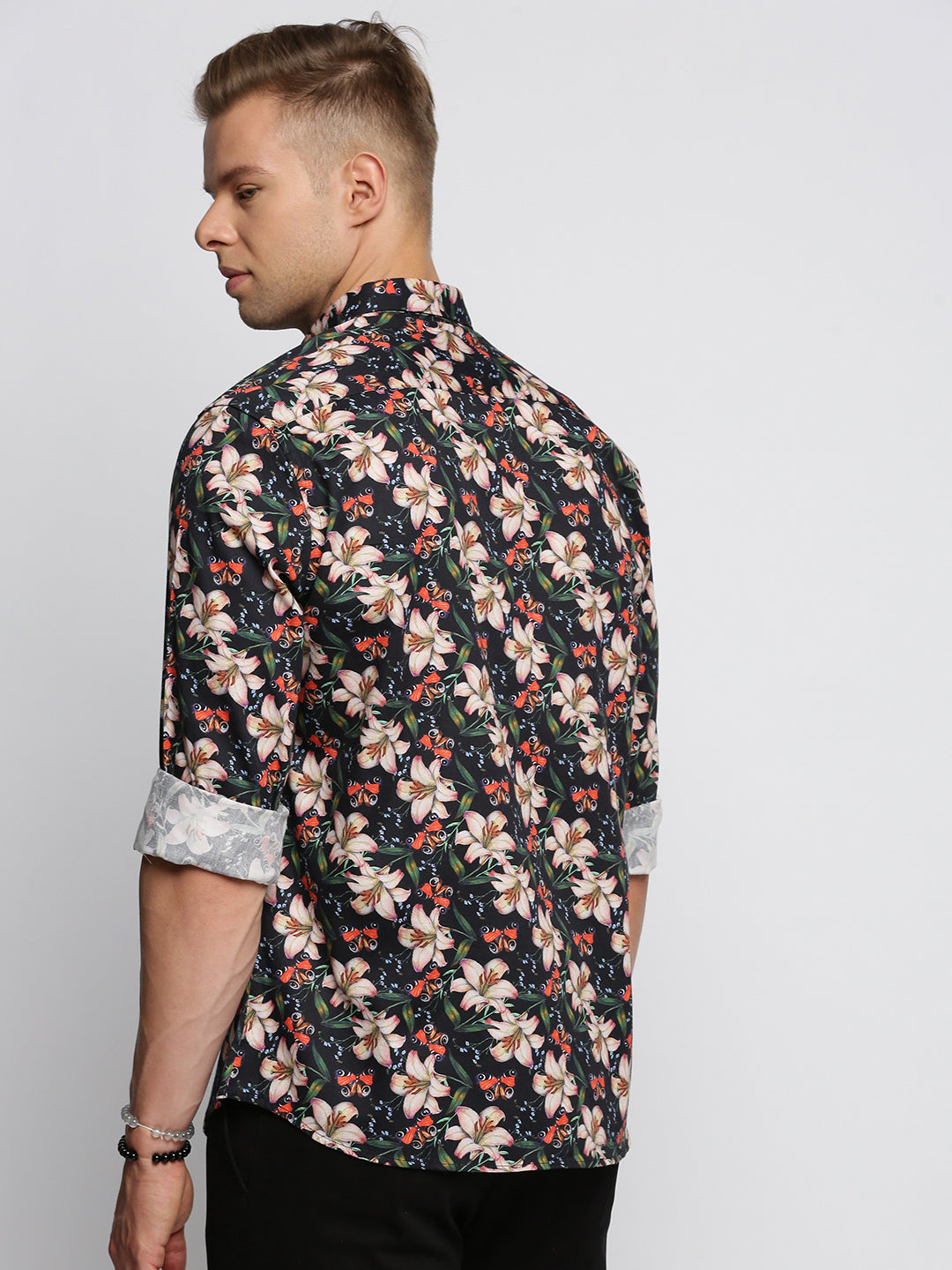 Men Black Spread Collar Floral Shirt