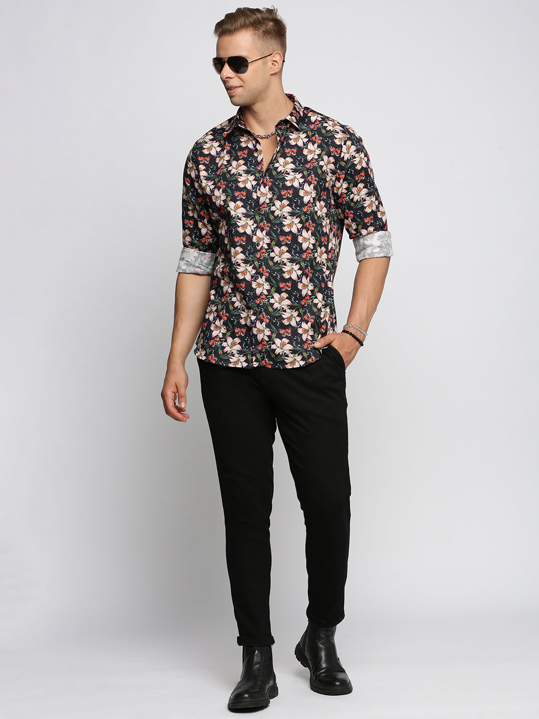 Men Black Spread Collar Floral Shirt