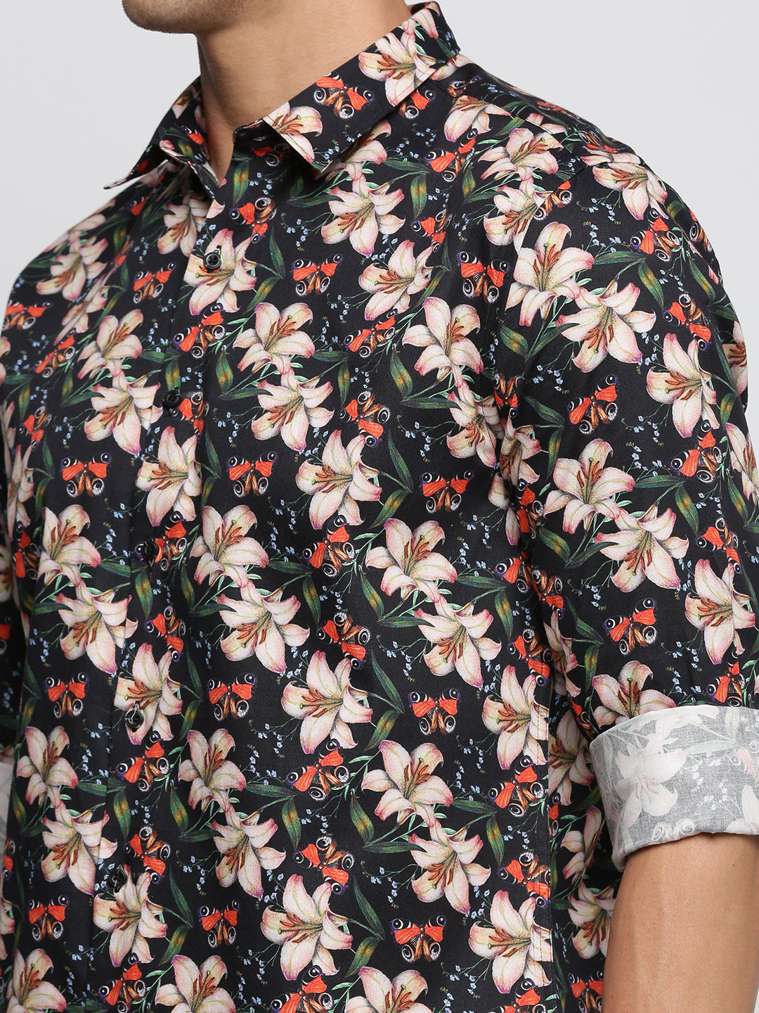 Men Black Spread Collar Floral Shirt