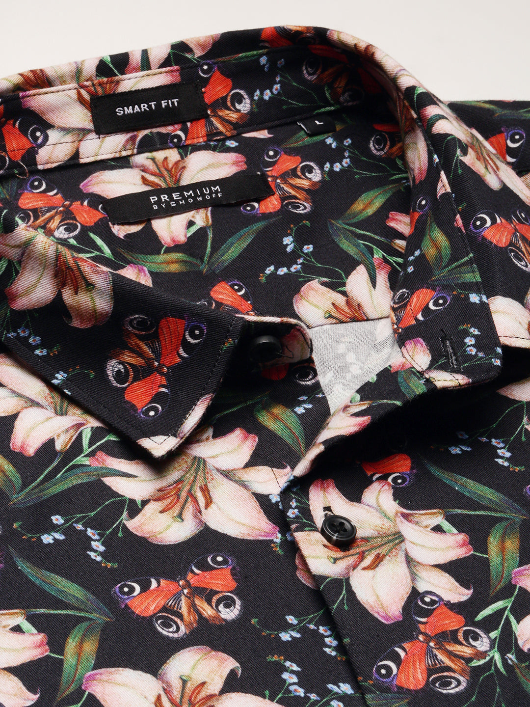 Men Black Spread Collar Floral Shirt