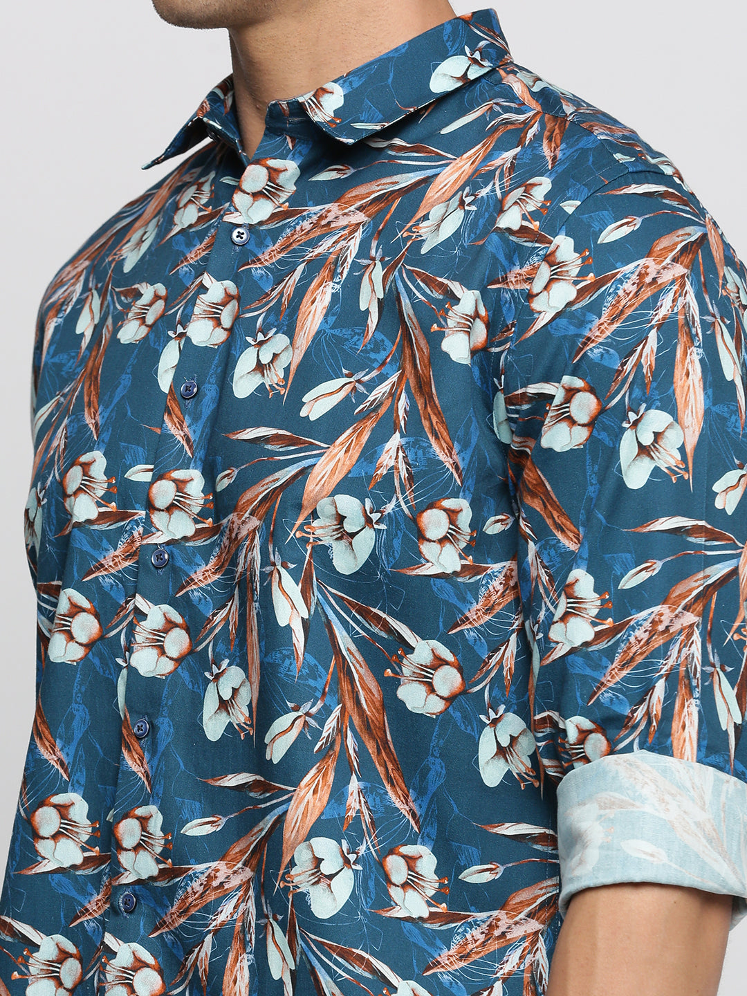 Men Teal Spread Collar Floral Shirt