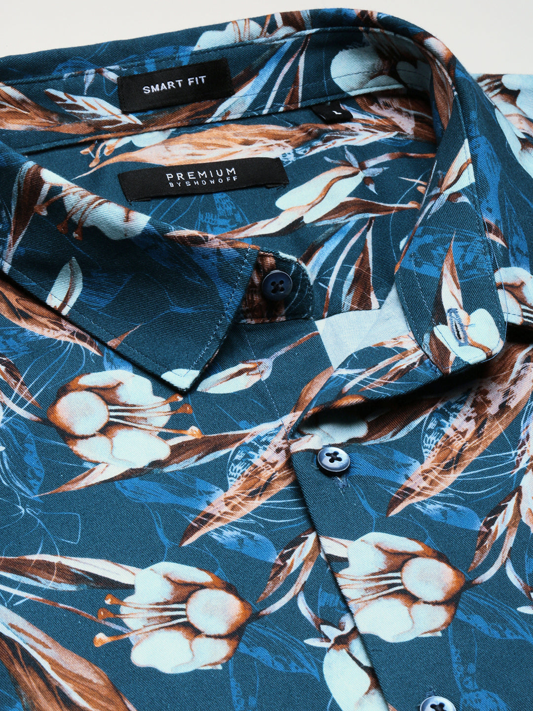 Men Teal Spread Collar Floral Shirt