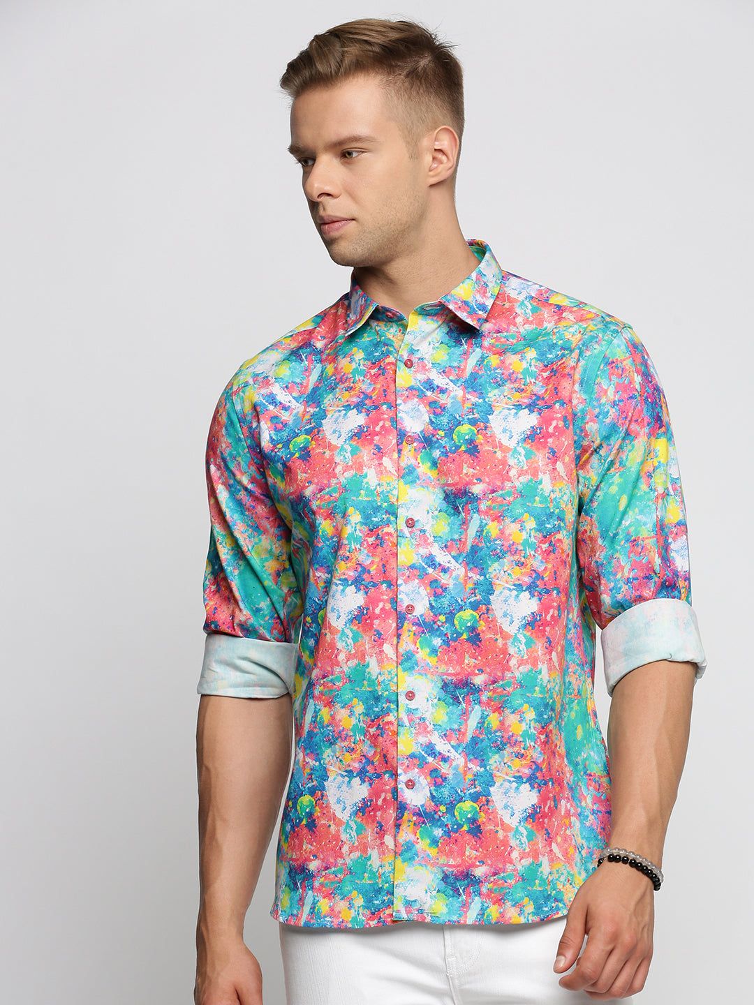 Men Blue Spread Collar Abstract Shirt