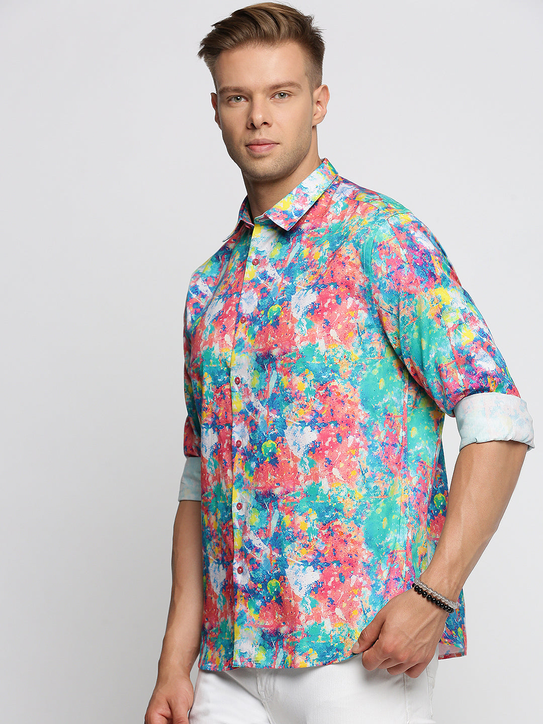 Men Blue Spread Collar Abstract Shirt