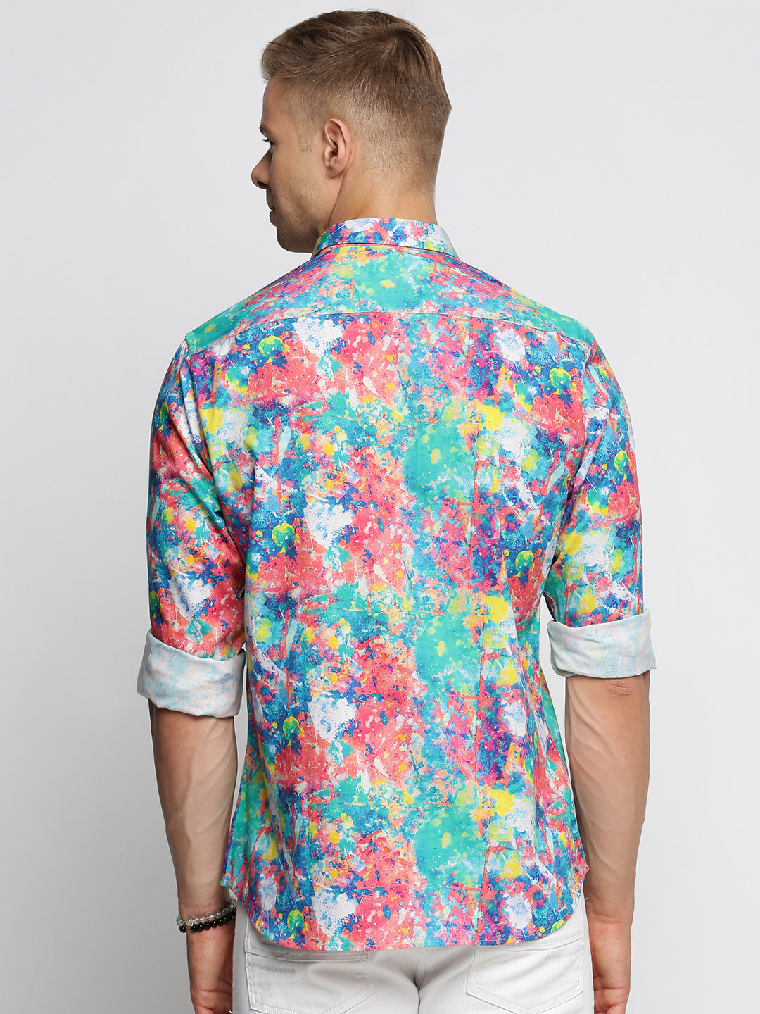 Men Blue Spread Collar Abstract Shirt