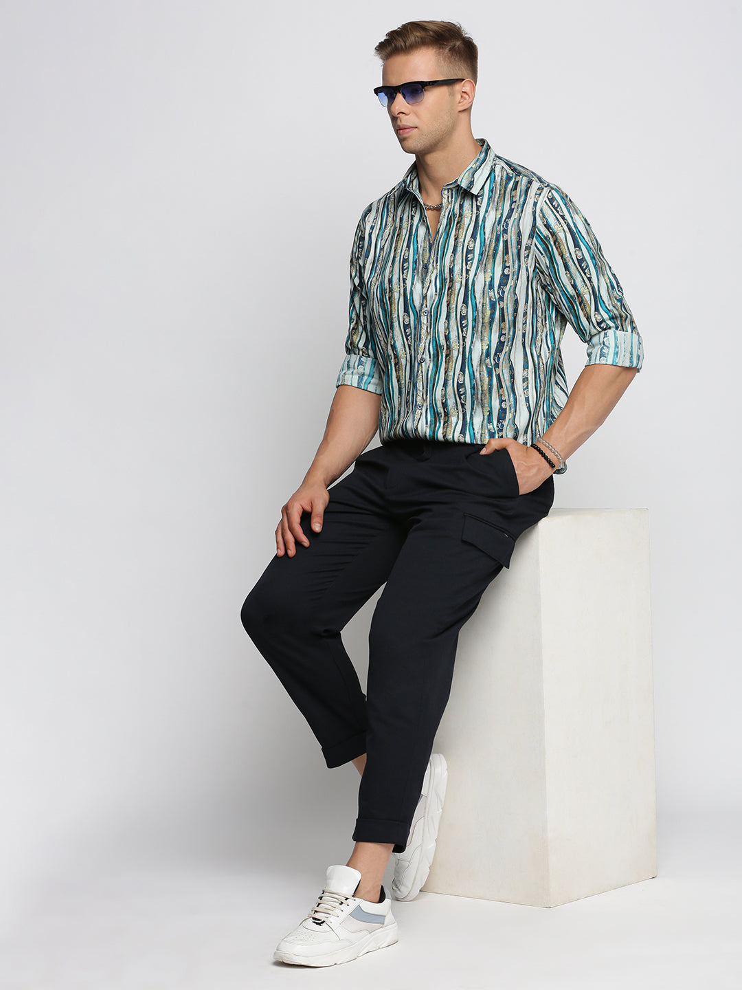 Men Blue Spread Collar Multi Stripes Shirt