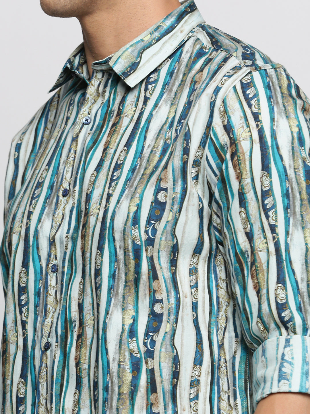 Men Blue Spread Collar Multi Stripes Shirt