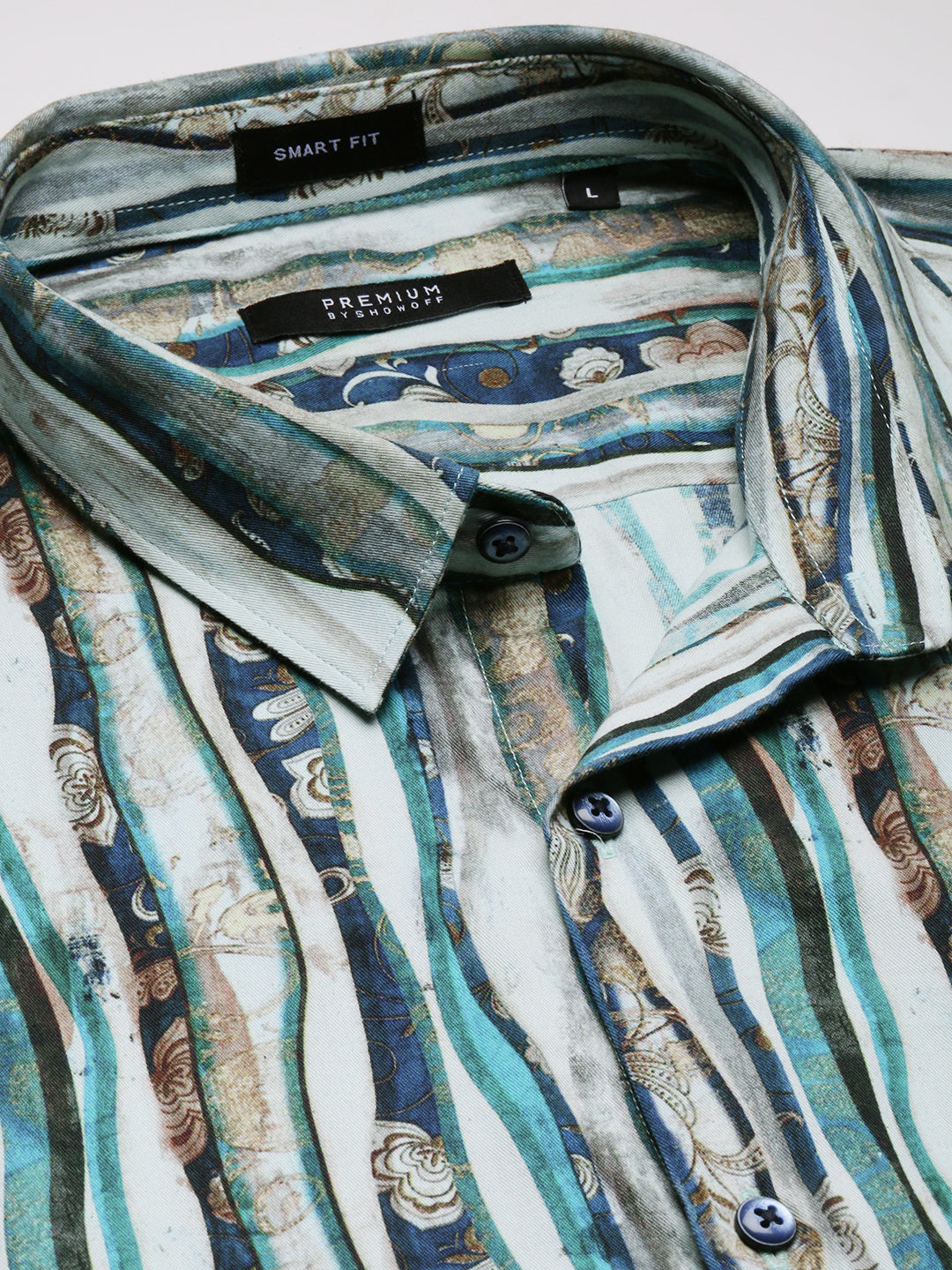 Men Blue Spread Collar Multi Stripes Shirt