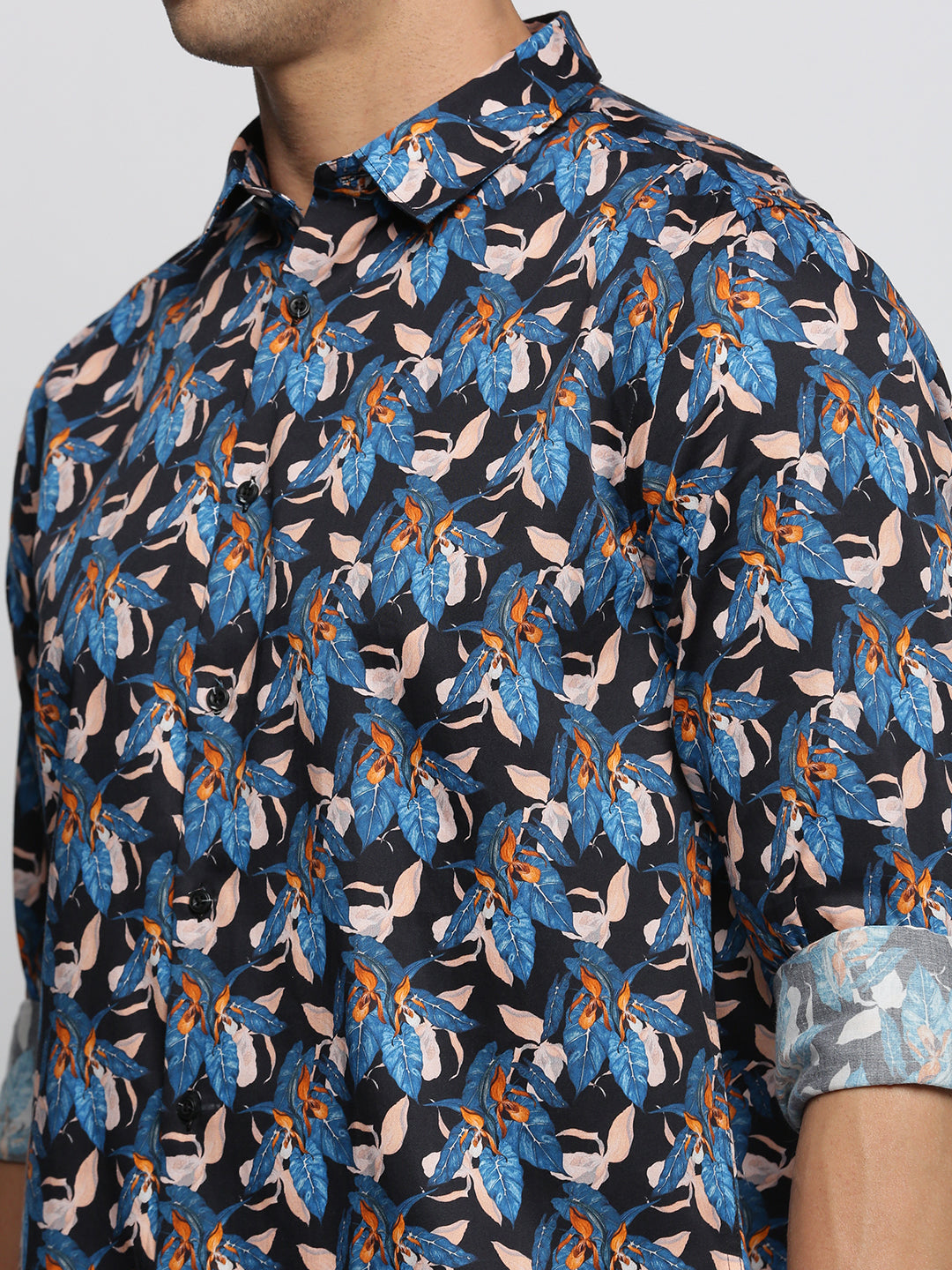 Men Blue Spread Collar Floral Shirt