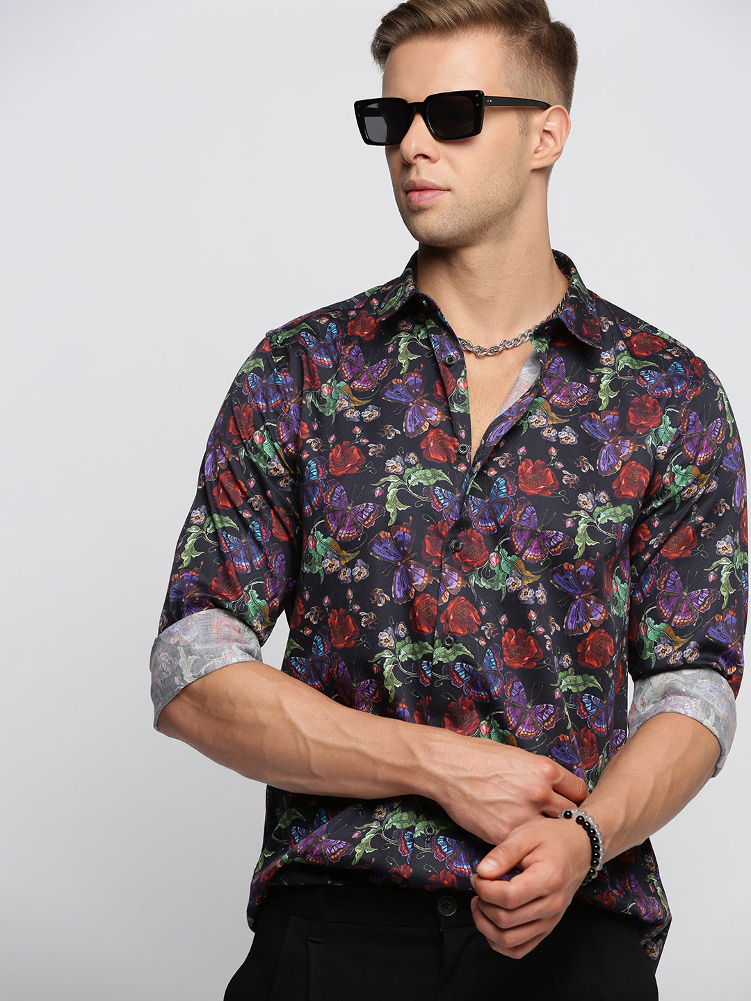 Men Black Spread Collar Floral Shirt