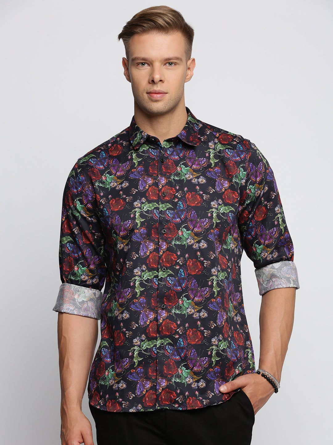 Men Black Spread Collar Floral Shirt