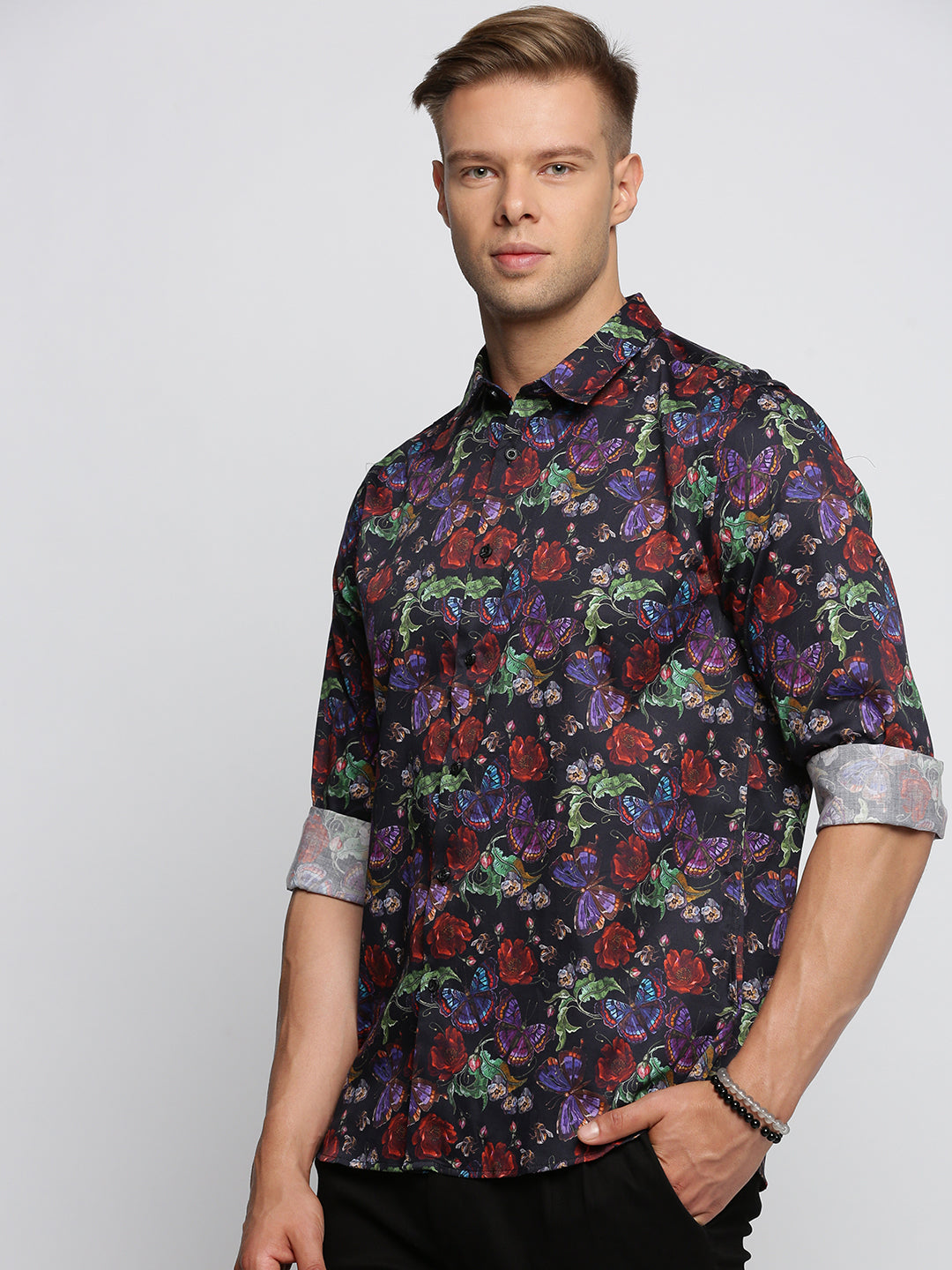 Men Black Spread Collar Floral Shirt