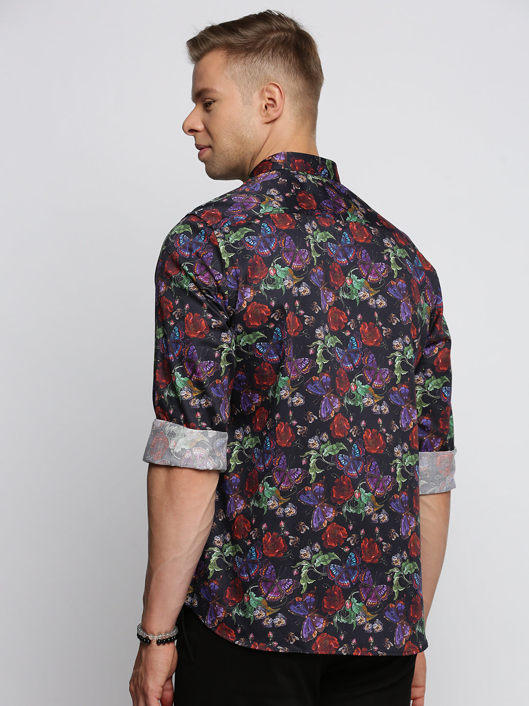 Men Black Spread Collar Floral Shirt