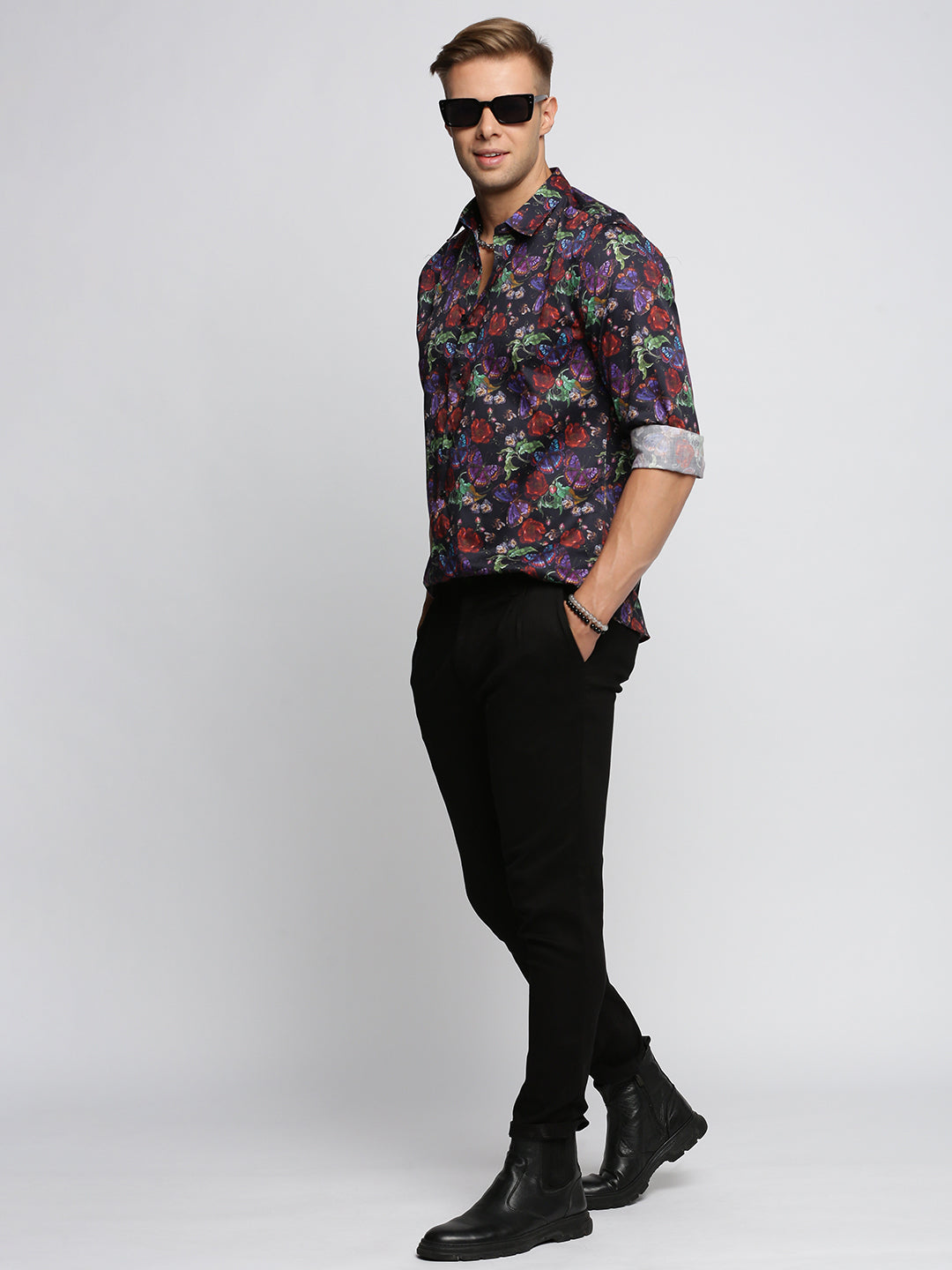 Men Black Spread Collar Floral Shirt