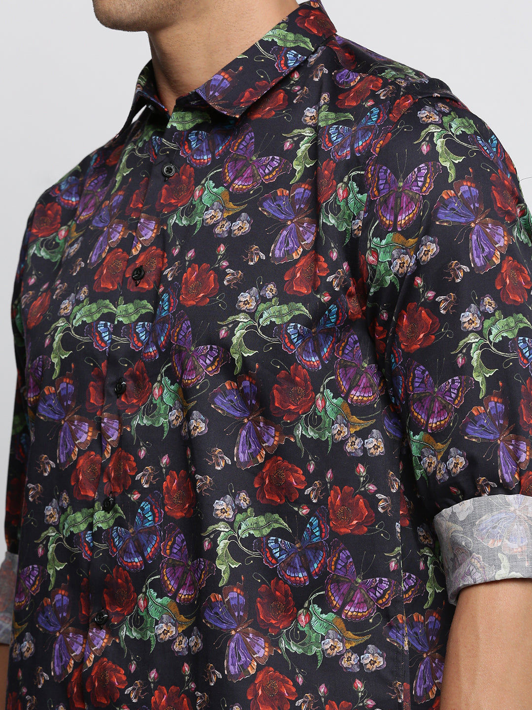 Men Black Spread Collar Floral Shirt