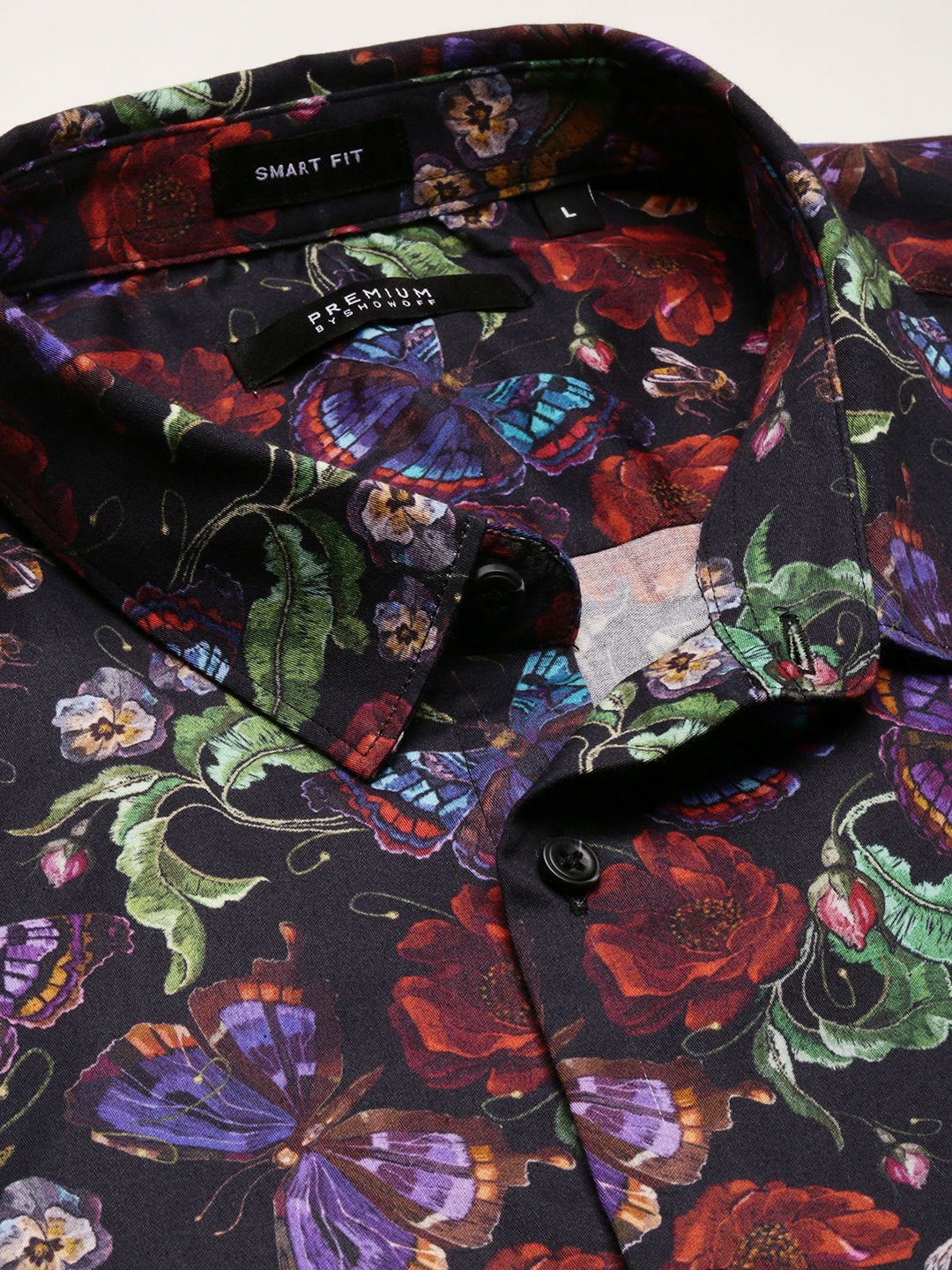 Men Black Spread Collar Floral Shirt