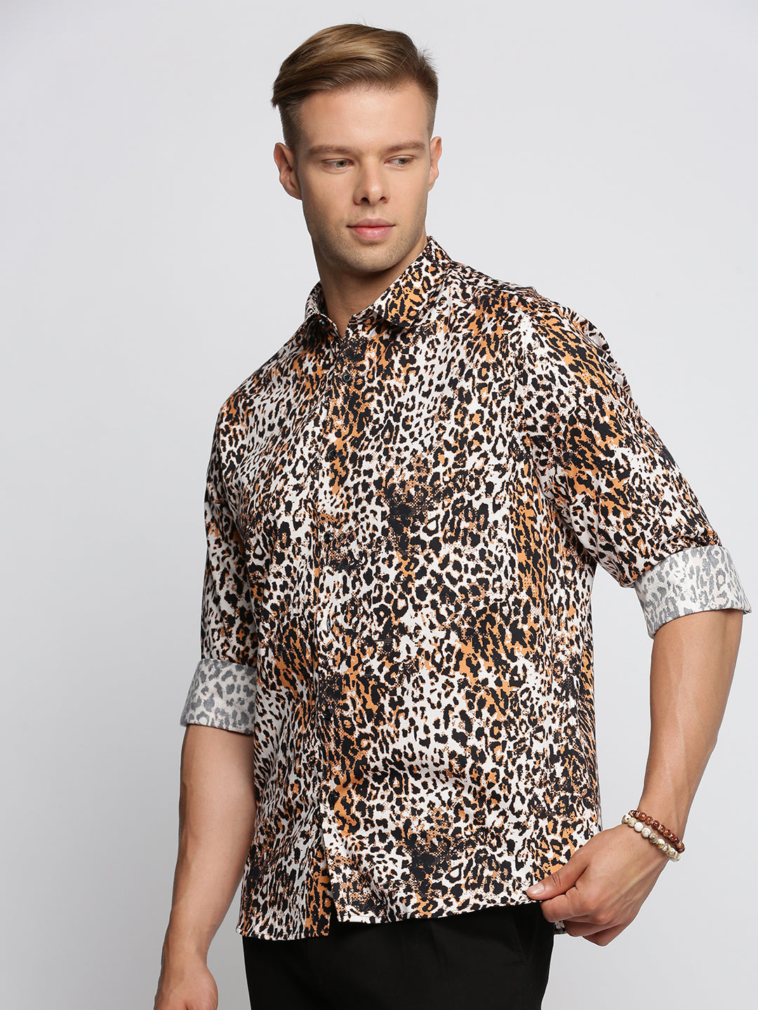 Men Black Spread Collar Animal Shirt