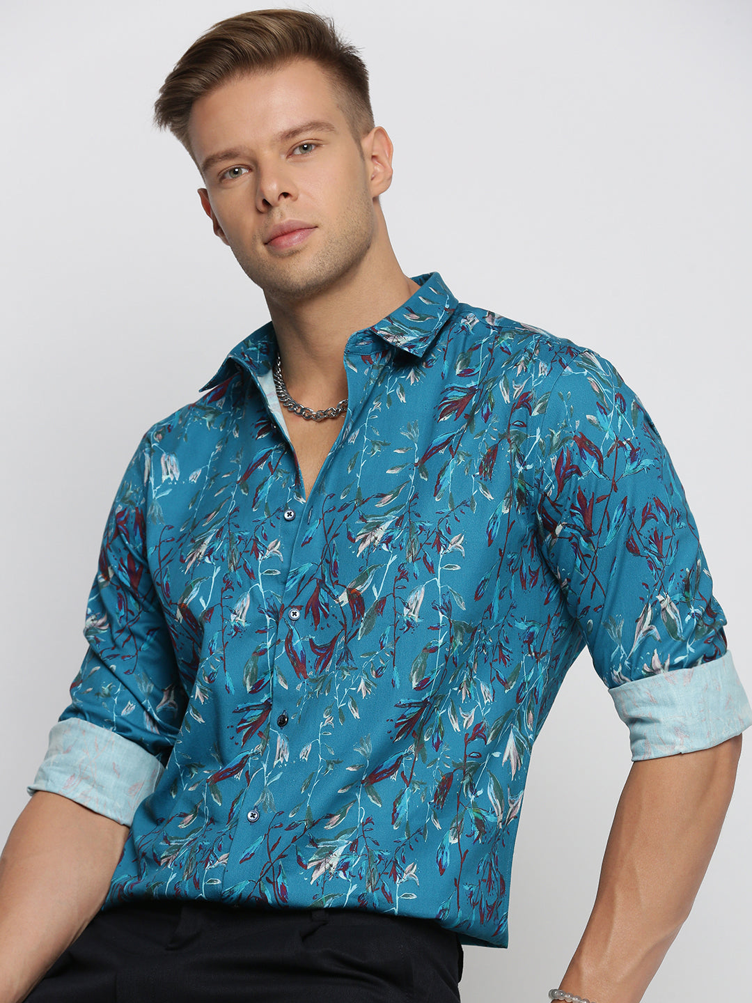 Men Teal Spread Collar Floral Shirt