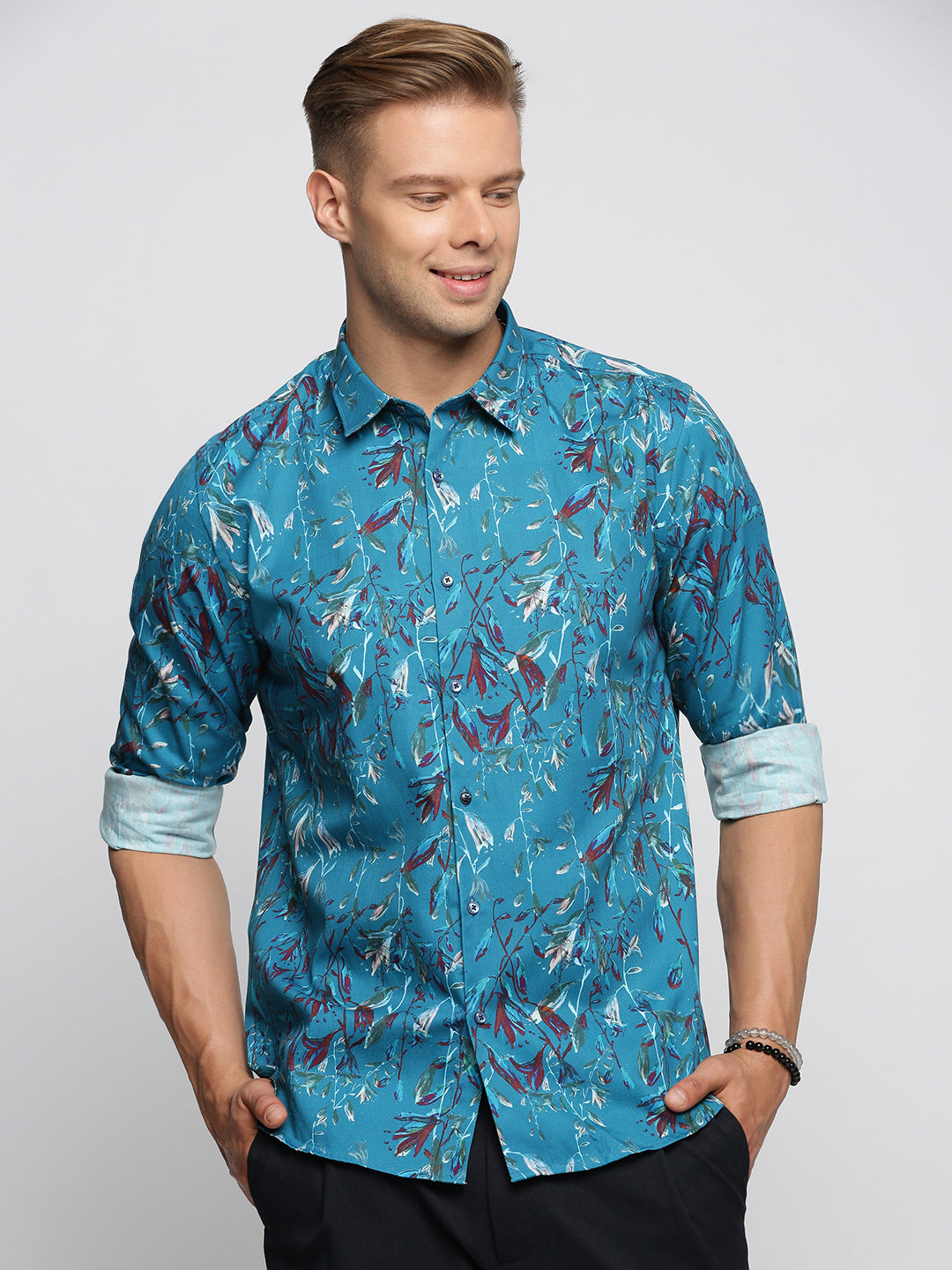 Men Teal Spread Collar Floral Shirt