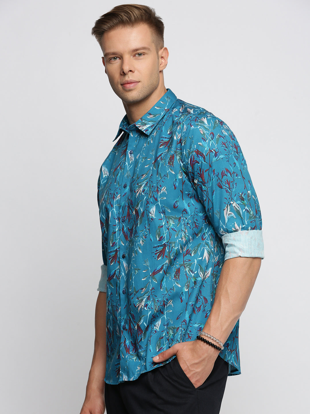 Men Teal Spread Collar Floral Shirt