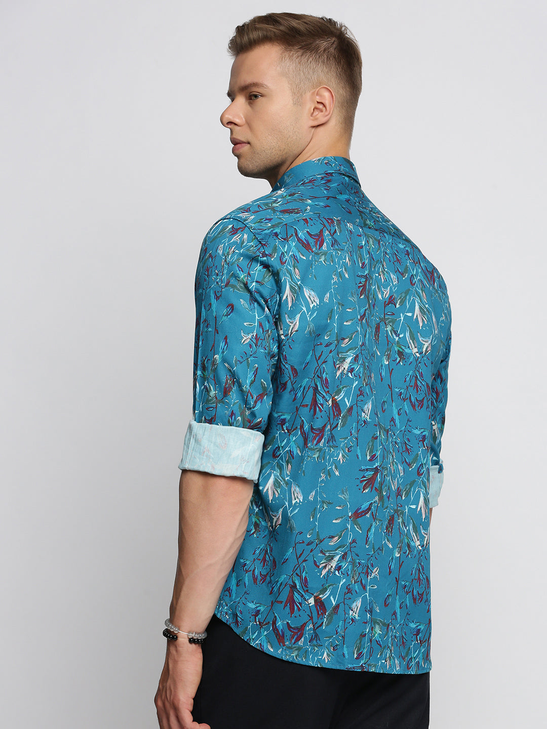 Men Teal Spread Collar Floral Shirt