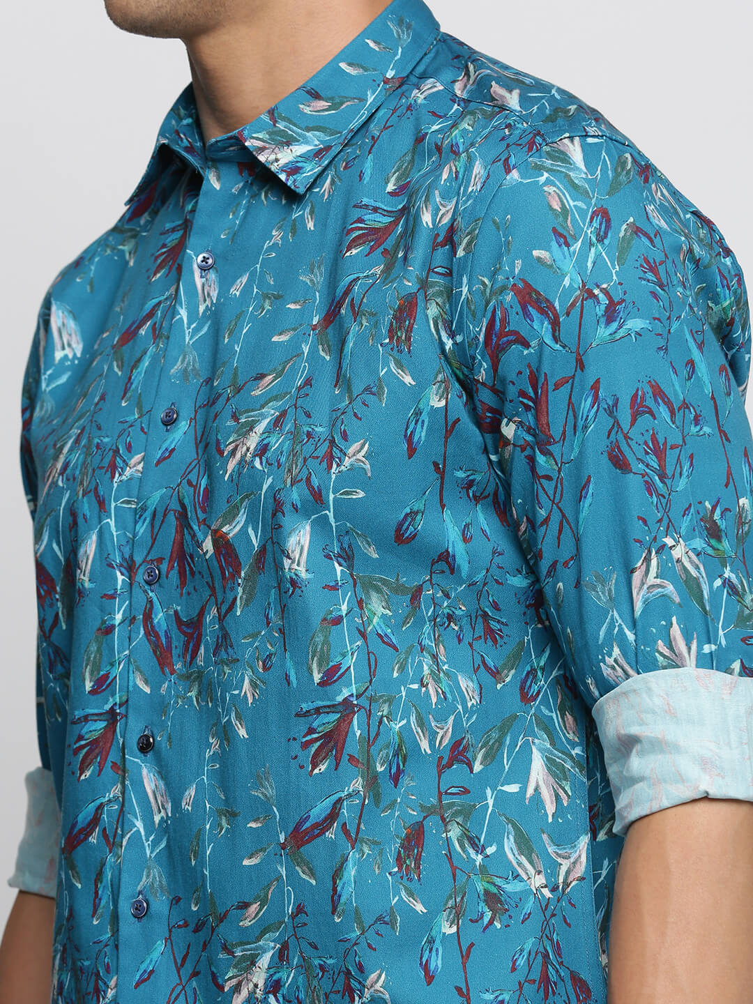 Men Teal Spread Collar Floral Shirt