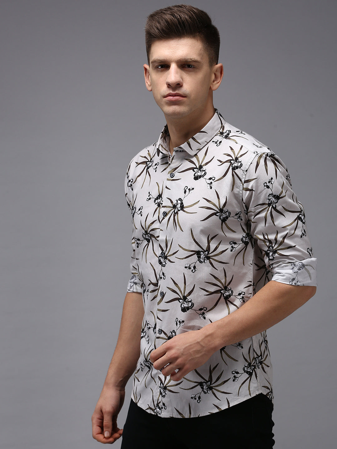 Men Grey Printed Casual Shirt