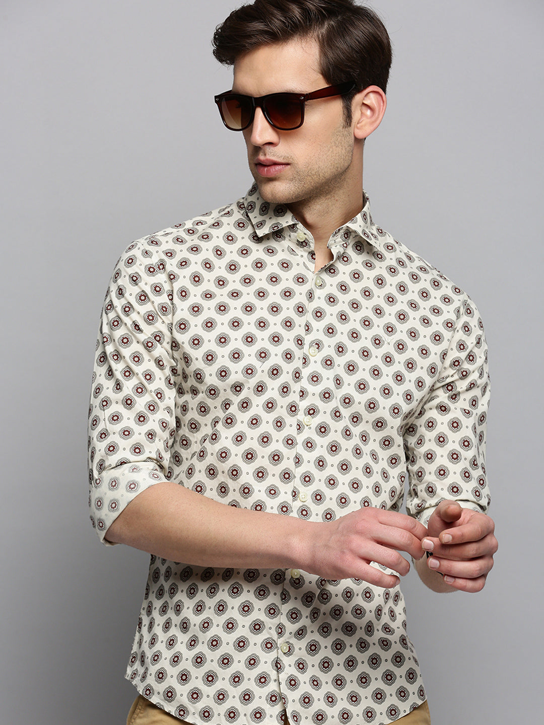 Men Cream Printed Casual Shirt