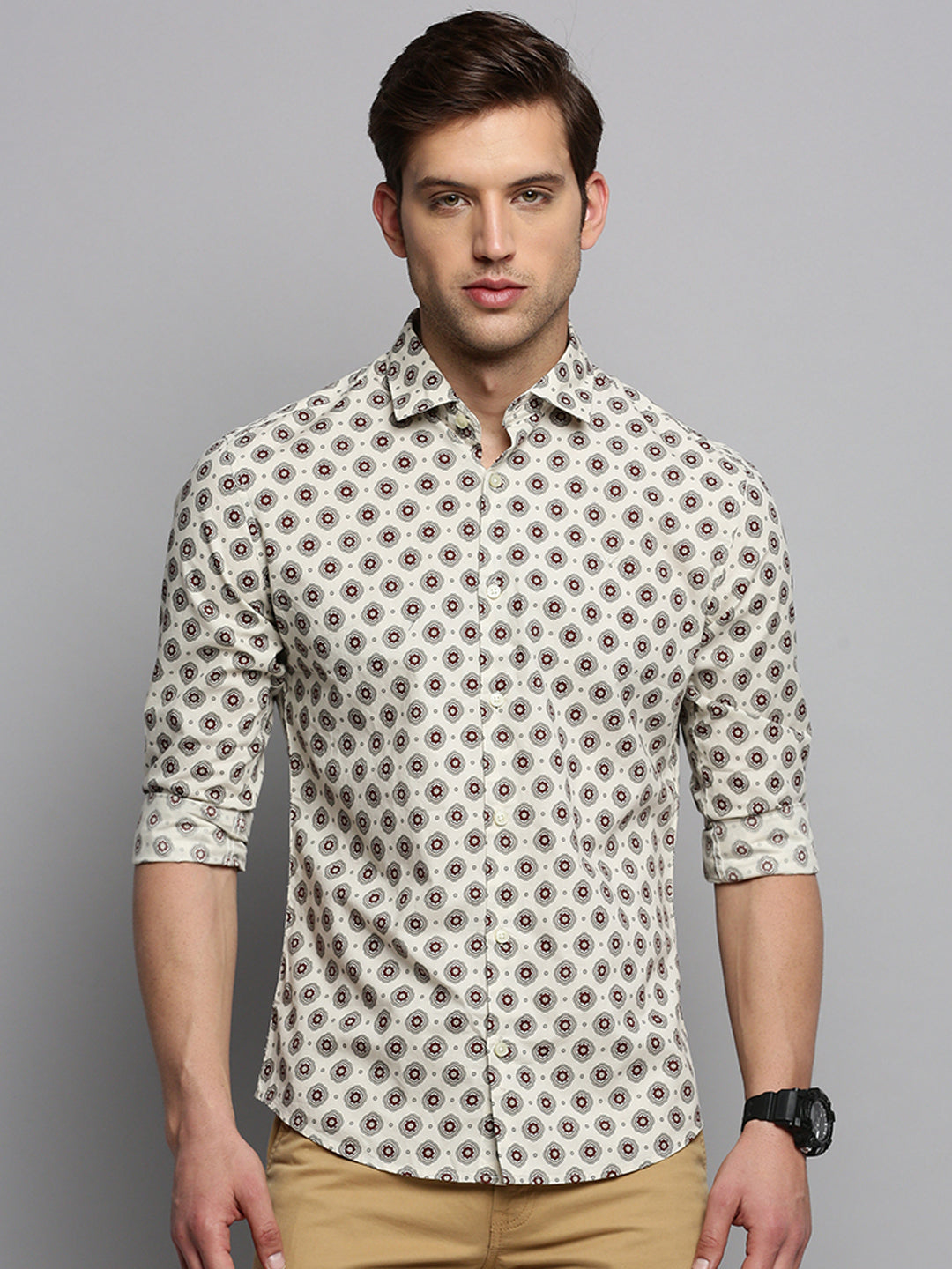 Men Cream Printed Casual Shirt