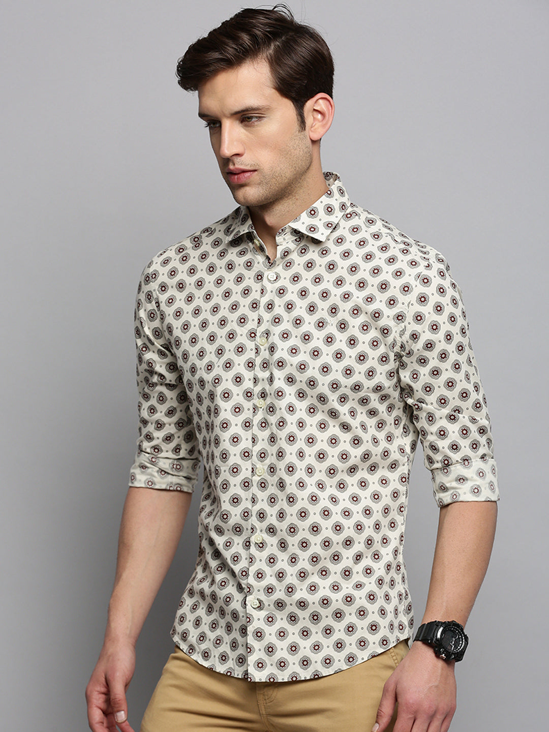 Men Cream Printed Casual Shirt