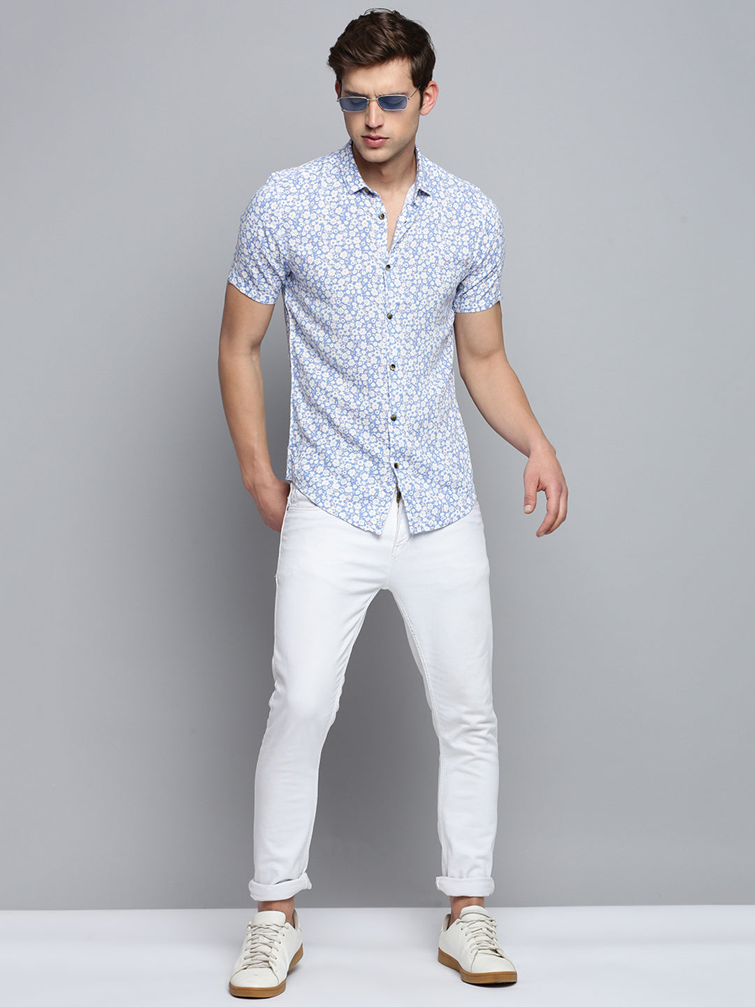 Men Blue Printed Casual Shirt