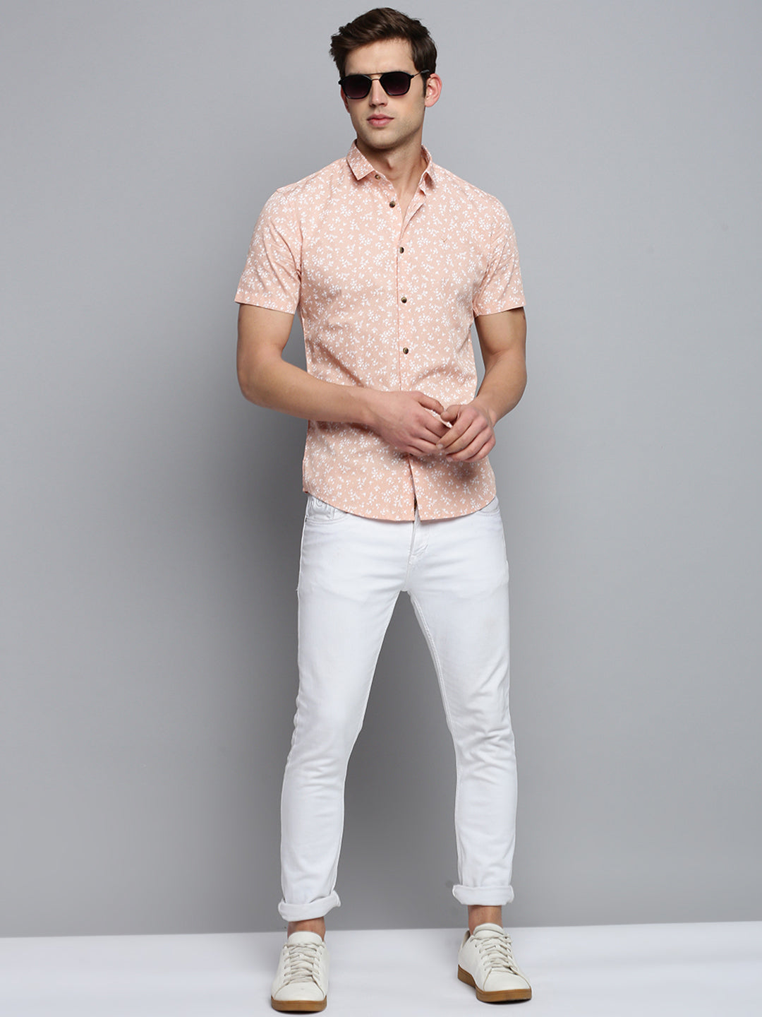 Men Peach Printed Casual Shirt