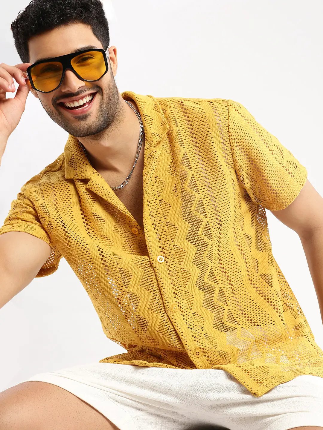 Men's Mustard Cuban Collar Solid Crochet Shirt