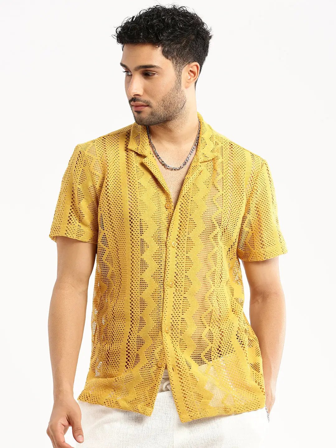Men's Mustard Cuban Collar Solid Crochet Shirt