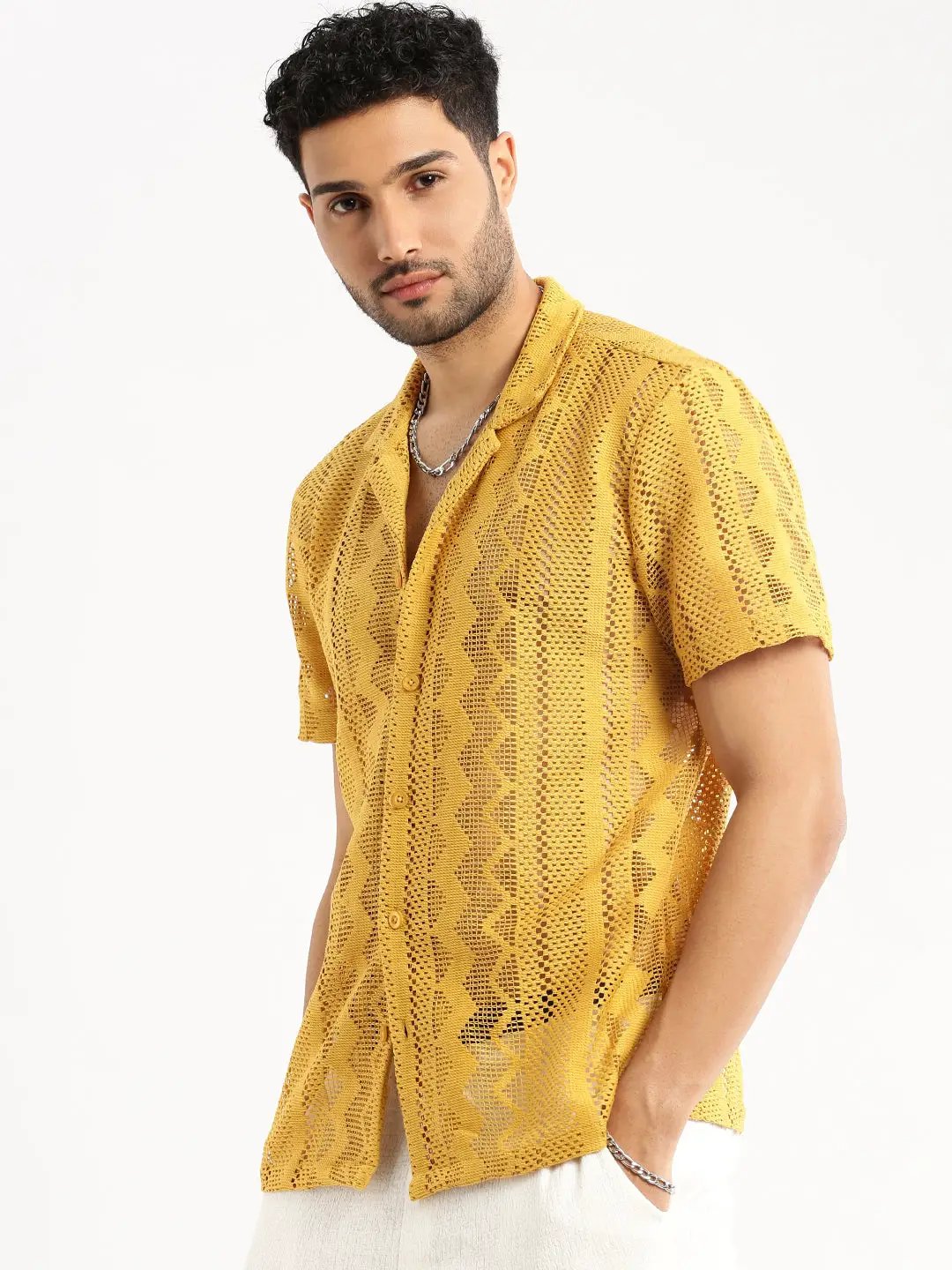 Men's Mustard Cuban Collar Solid Crochet Shirt