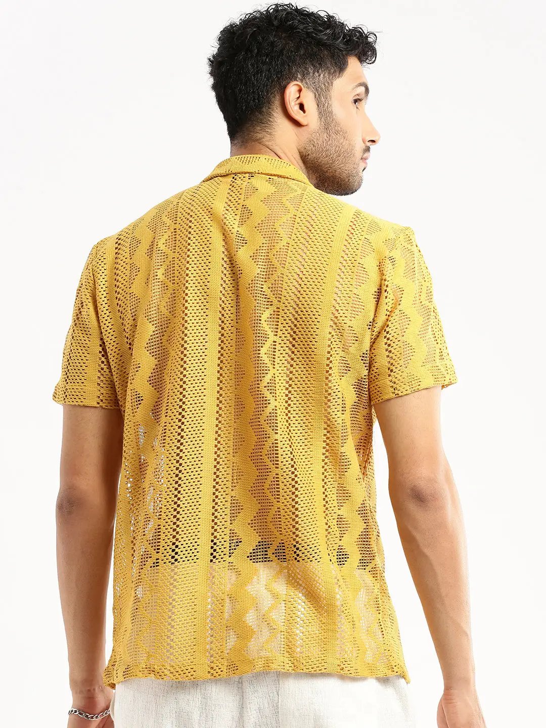 Men's Mustard Cuban Collar Solid Crochet Shirt