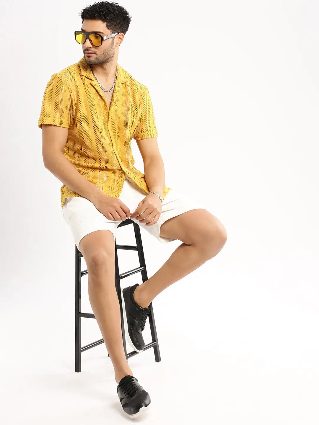 Men's Mustard Cuban Collar Solid Crochet Shirt