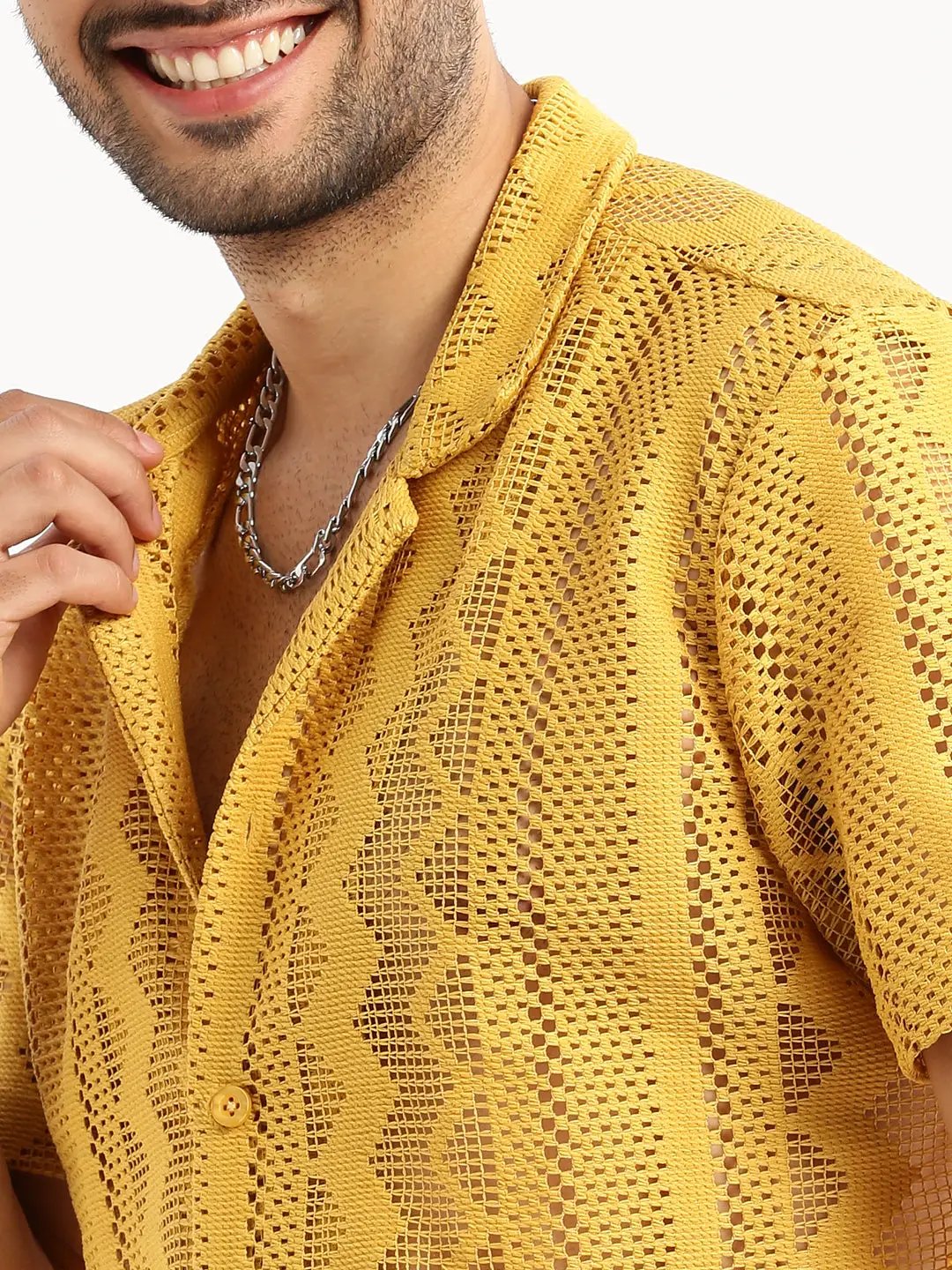 Men's Mustard Cuban Collar Solid Crochet Shirt