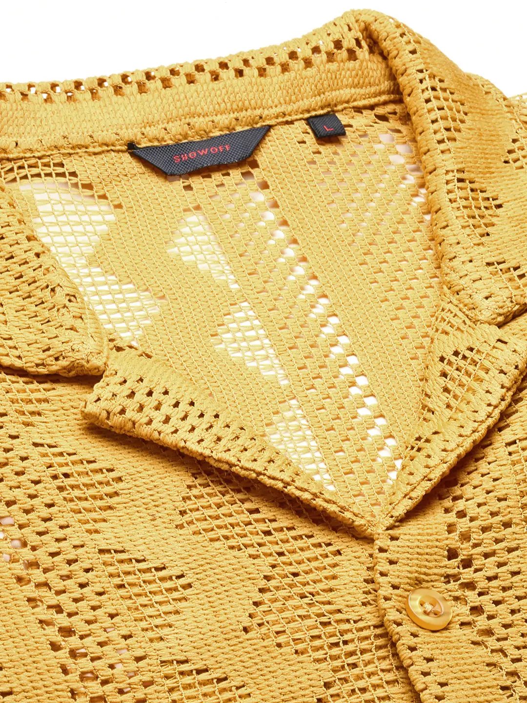 Men's Mustard Cuban Collar Solid Crochet Shirt