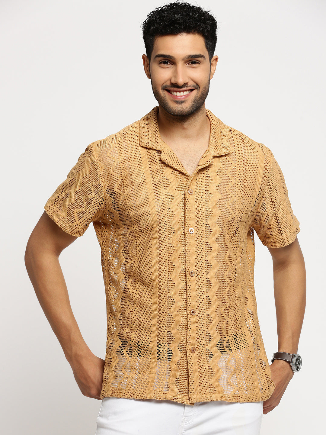 Men's Beige Self Design Comfort Relaxed Fit Sheer Cotton Casual Crochet Shirt