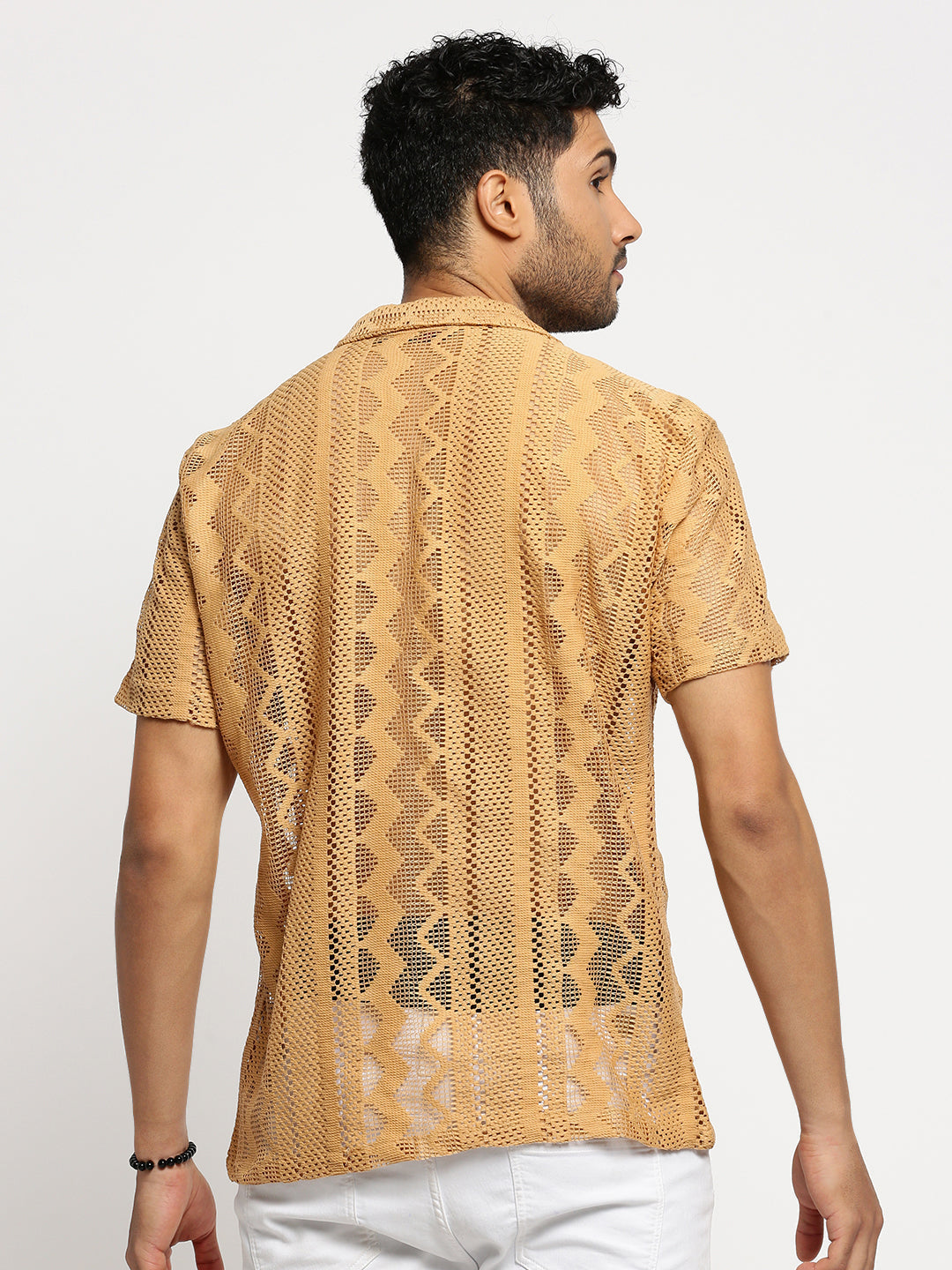 Men's Beige Self Design Comfort Relaxed Fit Sheer Cotton Casual Crochet Shirt