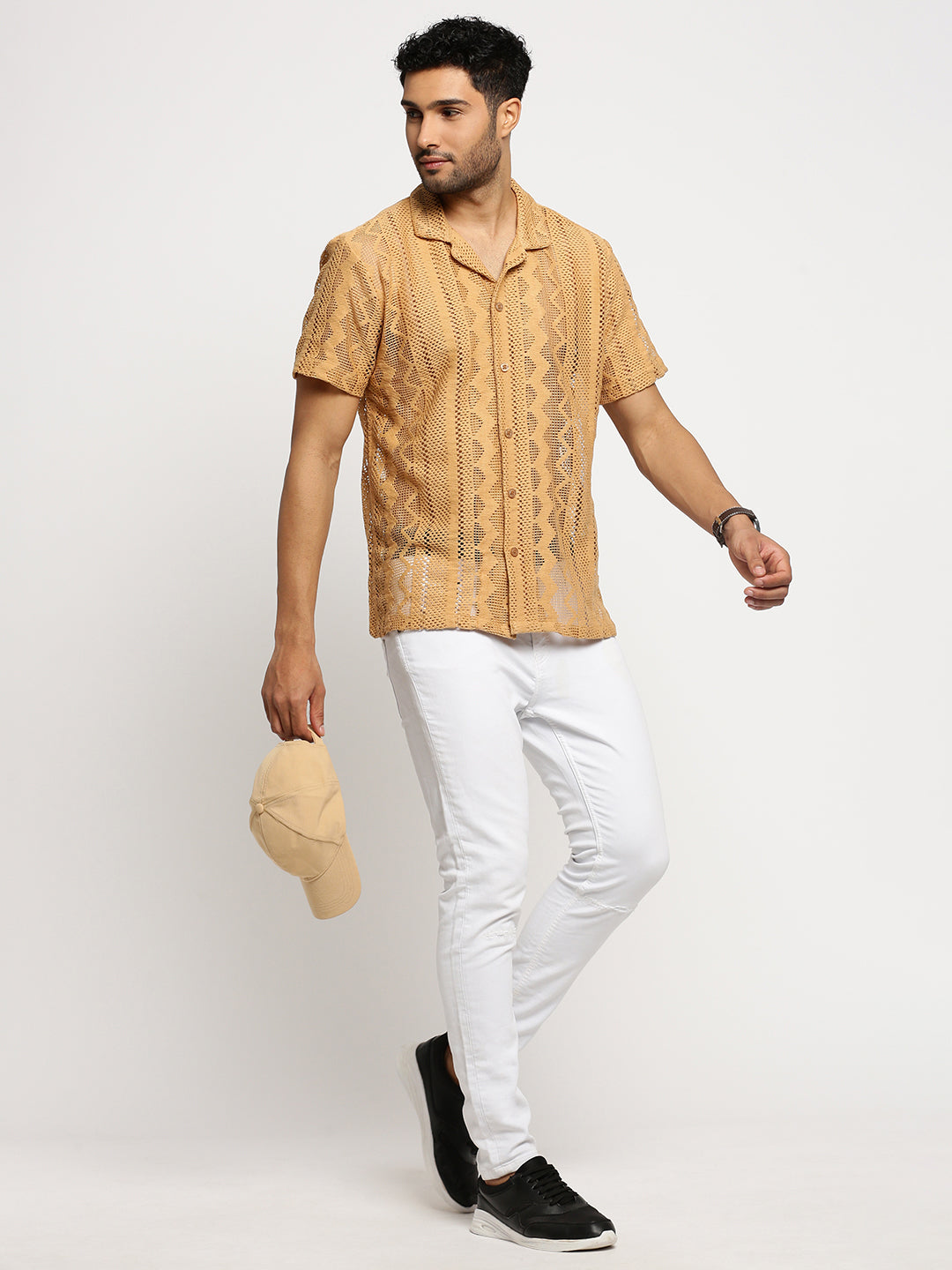 Men's Beige Self Design Comfort Relaxed Fit Sheer Cotton Casual Crochet Shirt