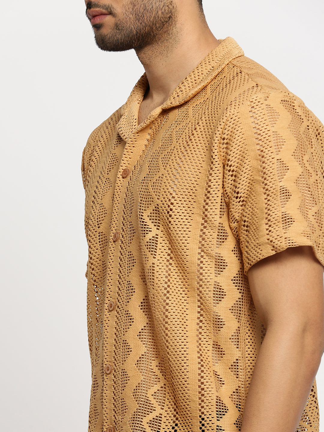 Men's Beige Self Design Comfort Relaxed Fit Sheer Cotton Casual Crochet Shirt