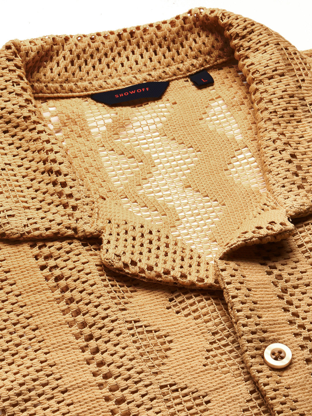 Men's Beige Self Design Comfort Relaxed Fit Sheer Cotton Casual Crochet Shirt